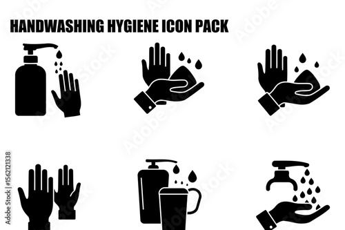 Handwashing hygiene icons depicting various methods, including using soap, sanitizer, and water. Illustrative icons showcasing handwashing actions for various settings.