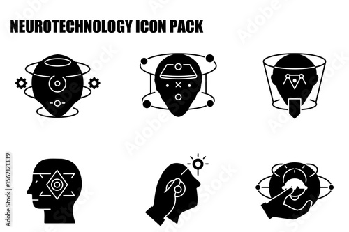 Neurotechnology icon pack showing various abstract representations of brain-computer interfaces, with futuristic devices and symbols.