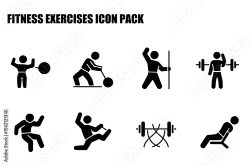 Fitness exercises icon pack depicting various workout poses and activities. Individuals engaged in diverse weightlifting and strength training exercises against a white background.