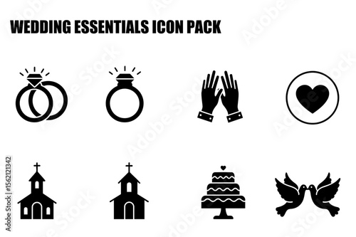 Wedding essentials icons depicting various symbols in a simple, clean design. Silhouette icons of wedding rings, praying hands, heart, church, wedding cake, and doves on a white background.