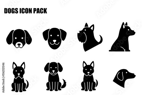 Dog icon pack showing various breeds in a graphic design format. Collection of simple, black silhouette dog icons in different poses and perspectives.