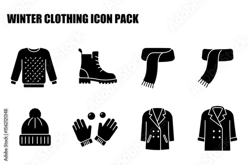 Winter clothing icons for general use. Flat, stylized illustrations of winter apparel and accessories.