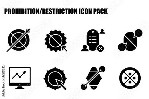 Prohibition/restriction icons for diverse applications in flat design style. Simple black and white symbols representing various restrictions and prohibitions.