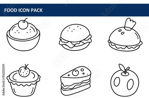 Food icons depicting various desserts and quick-service foods in a simple line art style. Collection of basic food illustrations for use in graphic design projects.