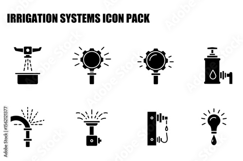 Irrigation systems icons in various styles for a professional use. Simple, black and white icons of irrigation systems displayed on a white background.