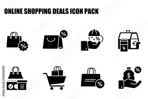 Online shopping deals icons featuring shopping bags, a customer receiving a discount, a shopping cart, and a delivery box, all in a simple, minimalist black and white style.