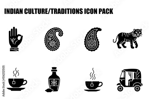 Indian culture and traditions icon set featuring henna hand, paisley pattern, tiger, tea, and auto-rickshaw. Simplified graphic representations for design and educational purposes.