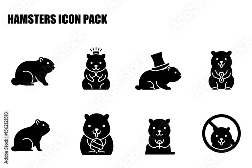 Hamster icon pack featuring various poses and expressions. Cute, stylized illustrations of hamsters in different actions, with a simple, solid black design against a white background.