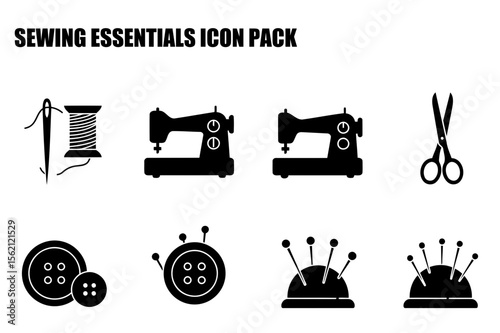 Sewing essentials icons in a graphic design style. Silhouette illustrations of sewing machines, needles, thread, scissors, buttons, and pins in a simple, modern design.