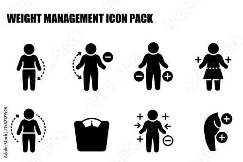 Weight management icon pack depicting various stages of weight loss and gain.