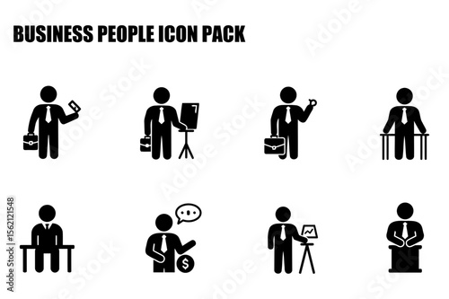Business people in formal attire engaged in various professional activities. Businessmen in suits with briefcases, presenting, holding objects, or using office equipment in a corporate setting.
