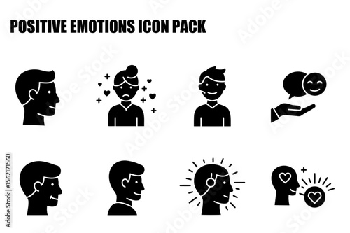 Positive emotions icons showing various expressions and interactions. Diverse demographic groups displaying different emotional states against a plain background.