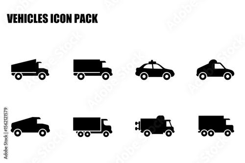 Black and white vehicle icons set for various transportation purposes. Silhouette icons of trucks, cars, and vans with different body styles in various transportation settings.