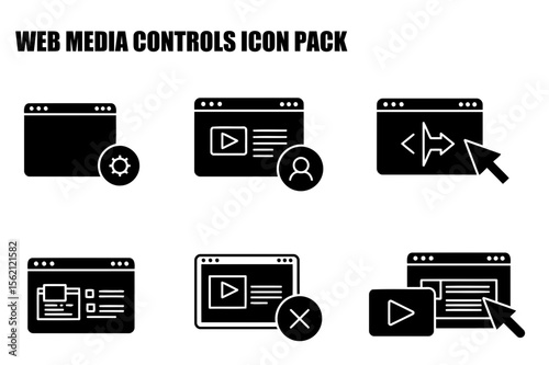 Web media controls icons in a variety of actions for a digital interface. Simple, vector graphics showing video playback, user interaction, and settings adjustments on a web page.