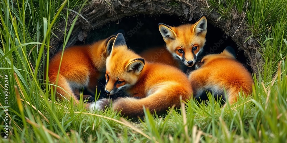 Fototapeta premium Red fox kits tumbling in tall grass near their den, young fox, fauna