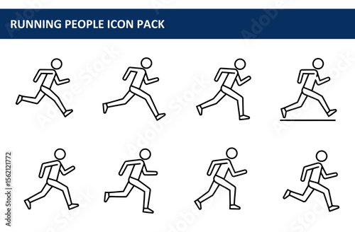 Running people icons in various poses on a white background. Simple, outlined figures in motion, depicting different stages of running.