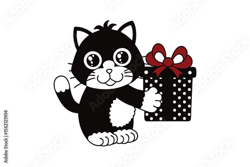 Cartoon cat cheerfully presents a polka dot gift box adorned with a red bow