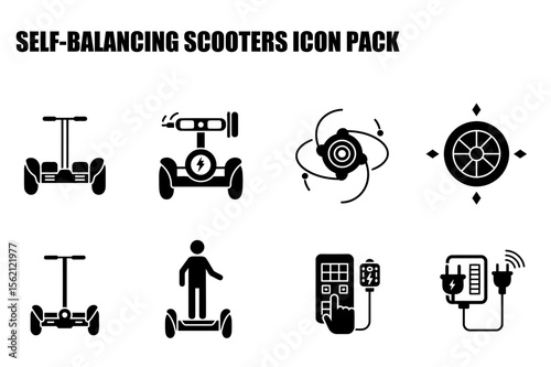 Self-balancing scooter icons for an engineering design company in a digital graphics format. Simplified silhouettes of various scooter components, users and controls.
