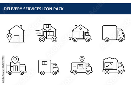 Delivery services icon pack depicting various transportations for goods and people. Icons of homes and trucks with location pins and in motion, emphasize the delivery services offered.