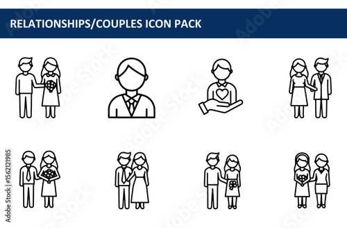Couple icons in various poses and settings. Diverse couples in formal and casual attire.