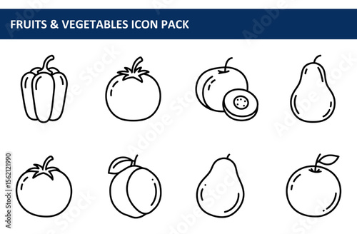 Fruit and vegetable icons in a simple line art style. Collection of various whole and halved fruit and vegetable shapes displayed in a grid format.