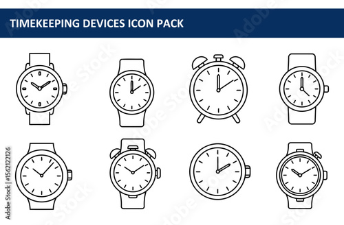 Timekeeping devices icon set with various styles of watches and an alarm clock. Simple, modern illustrations of timepieces in a variety of formats for professional use.
