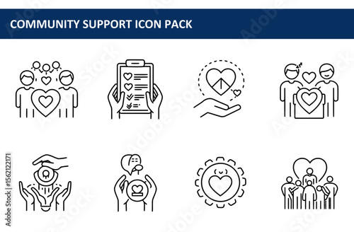 Community support icons depicting various actions and interactions. Diverse group of people engaging in acts of support, holding documents, and providing care.