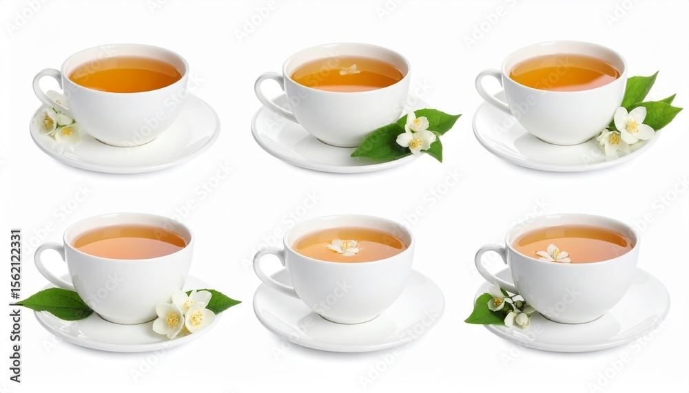 Fototapeta premium Six Cups of Jasmine Tea with Blossoms on White Background.