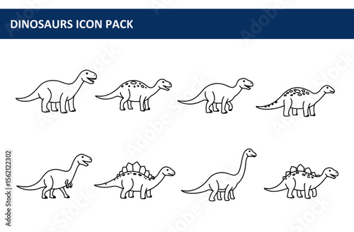 Dinosaur icon pack featuring various dinosaur species in a simple line art style. Four different dinosaurs are presented in profile views, positioned against a plain white background.
