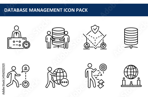 Database management icons depicting various actions and processes in a professional setting. Business people interacting with databases and global networks.