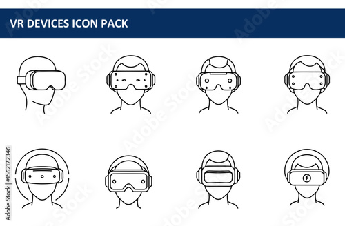 VR devices icon pack showcasing various styles of virtual reality headsets worn by diverse individuals in a white background setting.