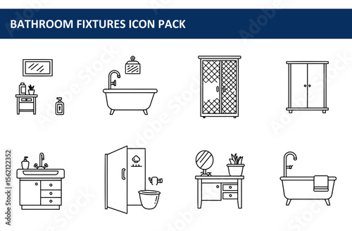 Bathroom Fixtures Icon Pack. Simple line drawings of various bathroom elements in a modern, minimalist style.