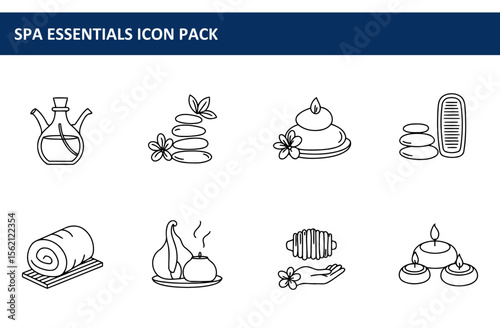 Spa essentials icon pack depicting various spa treatments and items. Collection of line art illustrations showcasing spa products and therapies.