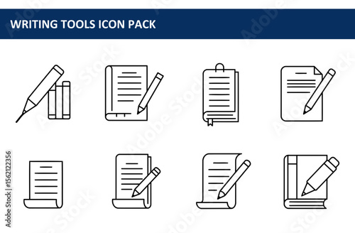 Writing tools icon pack. Set of diverse writing tools in a simple, flat design.