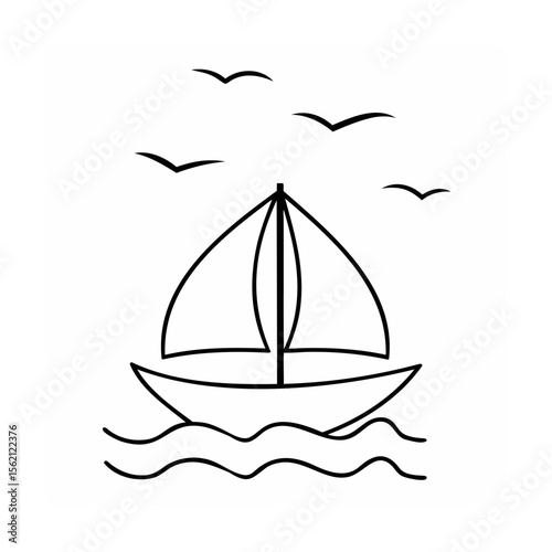 Line art sailboat with three birds flying above wavy water on a ship