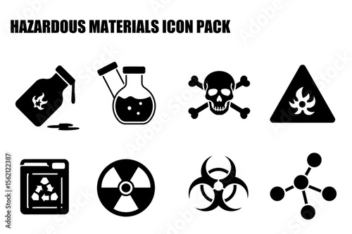 Hazardous Materials Icon Pack showing various warning signs and symbols for different hazardous materials. Collection of simple, black and white vector illustrations.