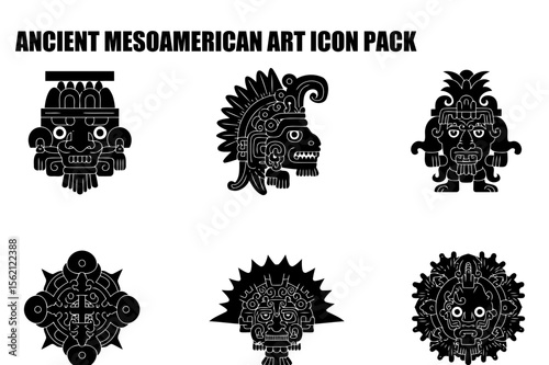 Ancient Mesoamerican art icons in black and white silhouette style. Detailed depictions of deities or figures in various poses and settings, for use as design elements or educational resources.