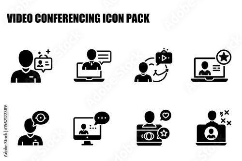 Video conferencing icons depicting various actions in a professional setting. Icons show people participating in video calls, sharing information, and interacting with others in a digital space.