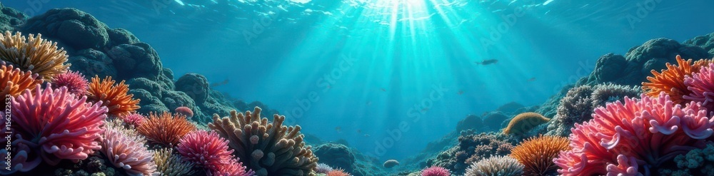 Fototapeta premium Lush underwater scene, diverse coral formations, reef life, sea bottom
