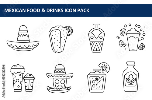 Mexican food and drink icons in a flat design style showing various traditional items. Outline illustrations of tacos, drinks, sombreros, and cocktails with Mexican themes.