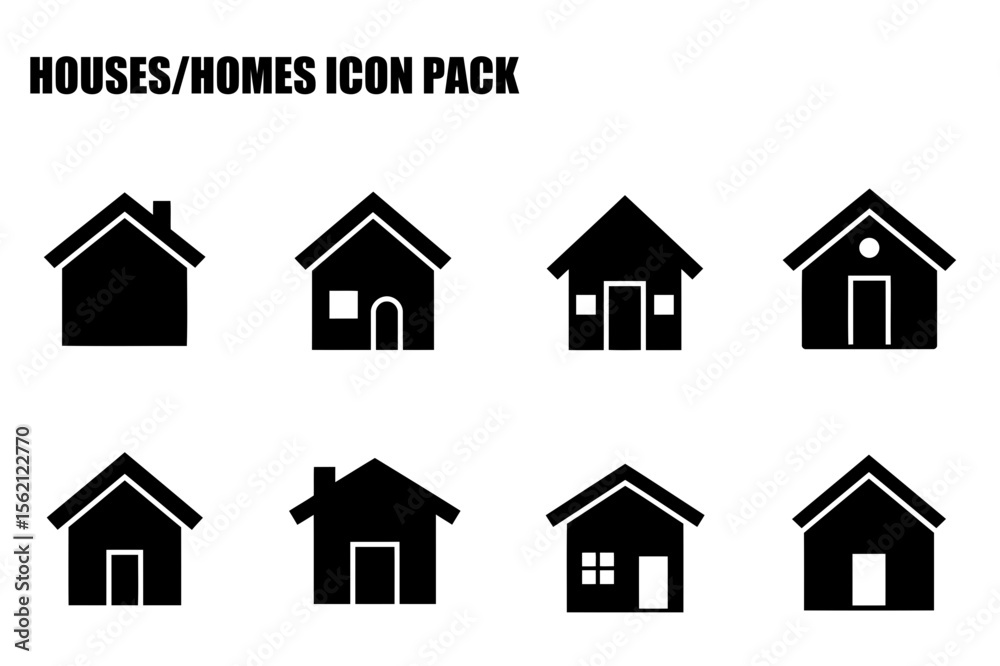 House icons for graphic design usage in a variety of contexts. Collection of simple, stylized house shapes presented on a clean white background.