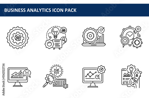 Business analytics icon pack depicting various data analysis concepts. Abstract illustrations showing interconnected gears, graphs, and computer displays.