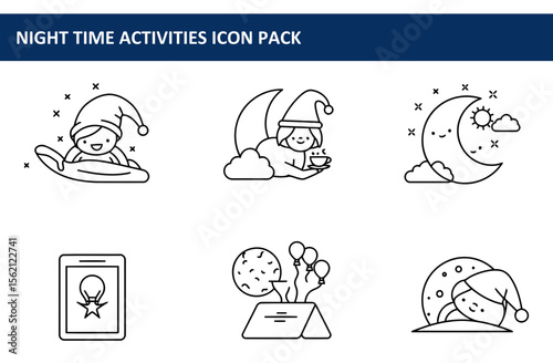 Cartoon night time activities for children, in various settings/actions. Simple line illustrations of kids/children enjoying night time activities.