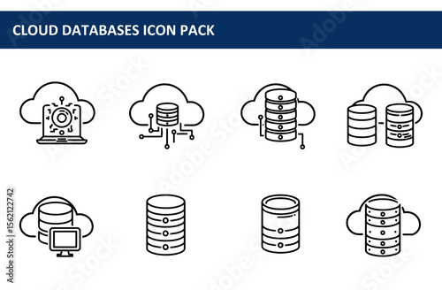 Cloud databases icon pack. various representations of cloud-based data storage systems with modern graphic style.