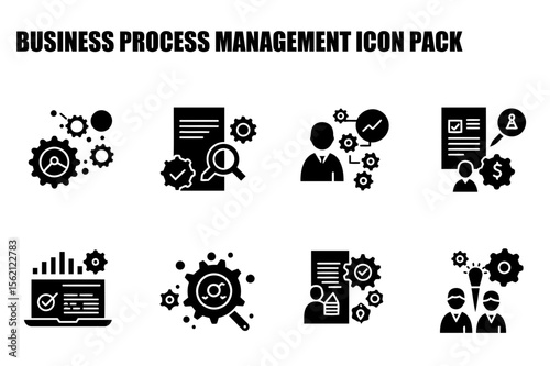 Business process management icons depicting various stages of workflow and collaboration. Process management icons set for business applications or educational resources.