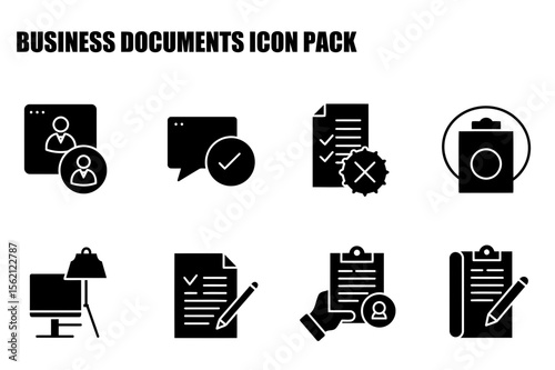 Business documents icon pack showing various office elements. Icons of people, chats, checklists, and documents in a modern office setting.