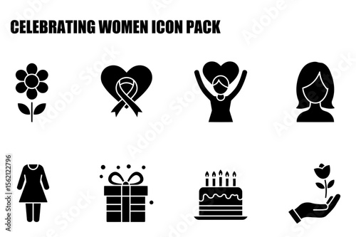 Celebrating women icon pack depicting diverse female figures in various celebratory situations. Symbolic icons of women in celebration and appreciation.