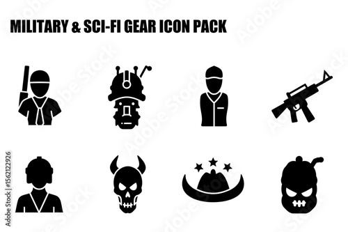 Military and Sci-Fi gear icons for various professionals in diverse locations. Solid black figures depict different action/pose with diverse weaponry, gear and headwear in a flat design style.