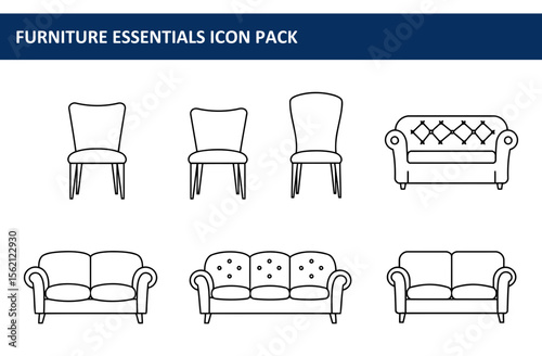 Furniture essentials line art illustrations of chairs and sofas. Simple outlines of various seating options for interior design or furniture catalogs.