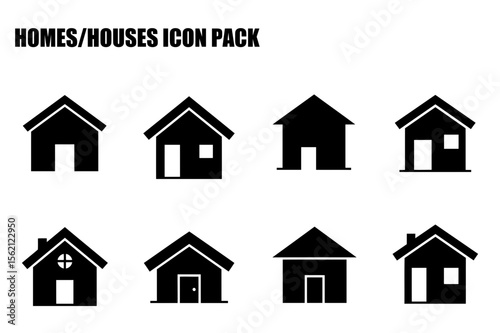 House icons in various styles displayed on a white background. Simple, graphic representations of houses in different architectural styles.